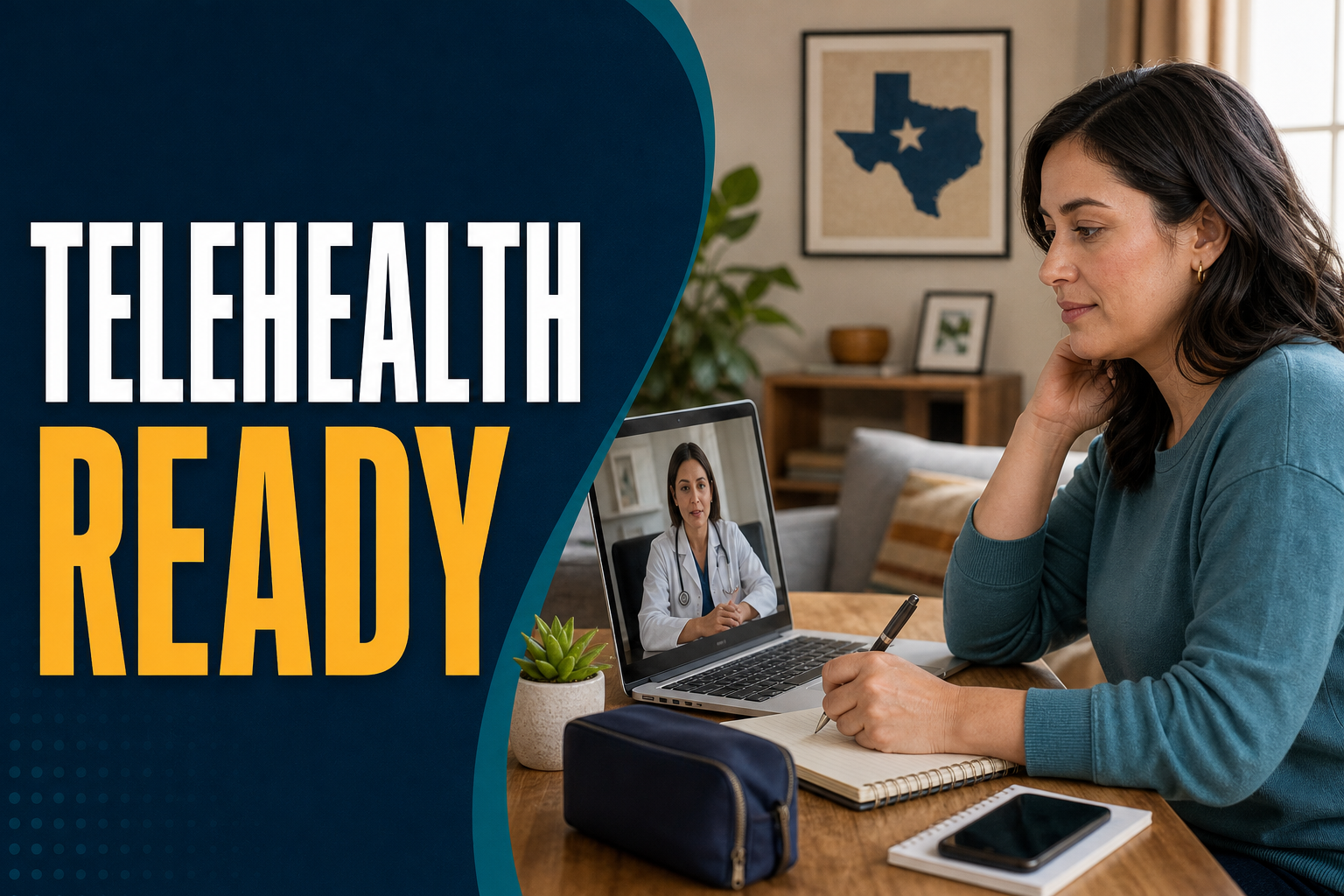 A Texas patient sits at a laptop for a virtual visit with the headline words Telehealth Ready on the thumbnail.