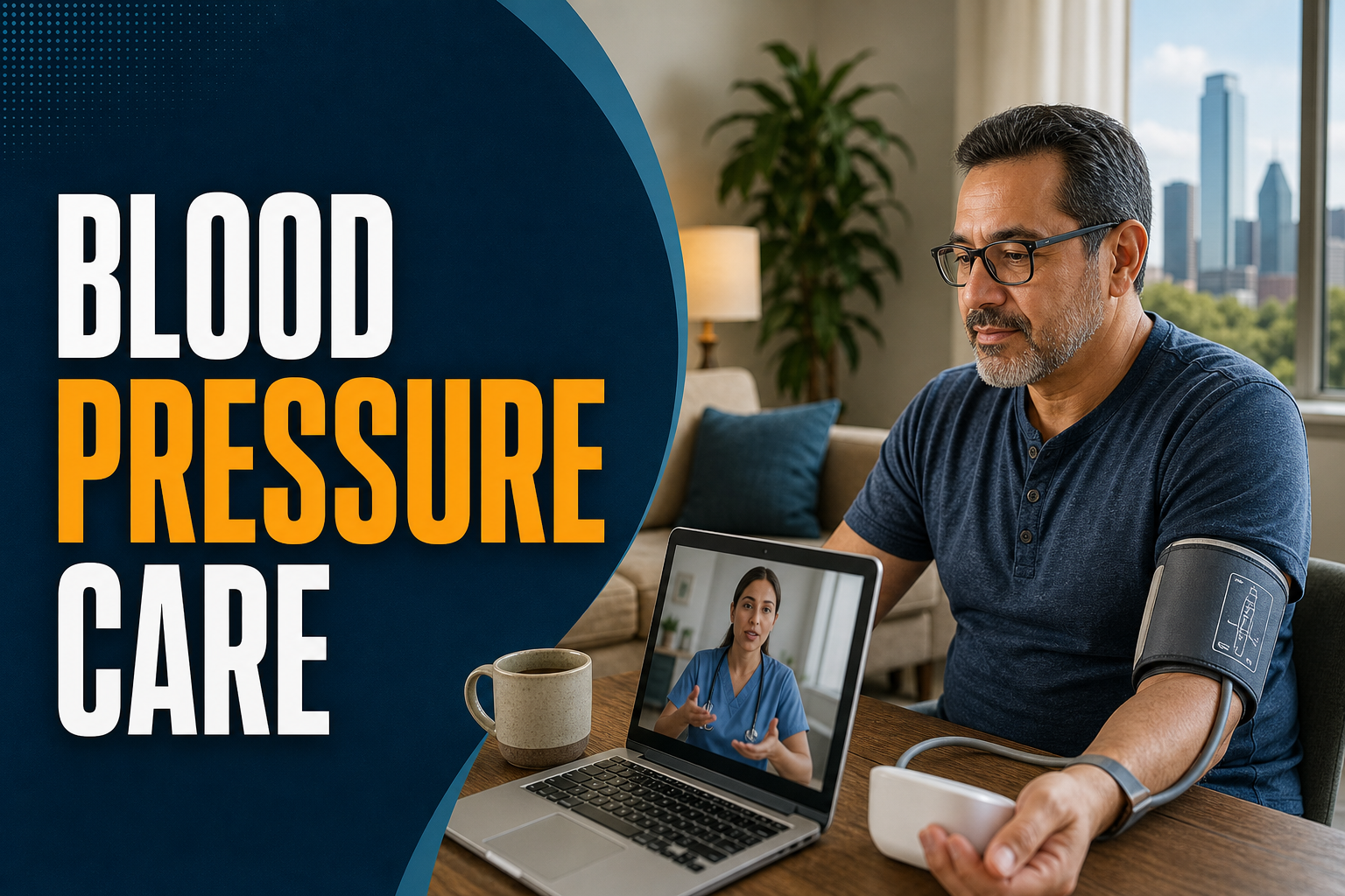 A Texas patient checking blood pressure at home with the thumbnail headline Blood Pressure Care.